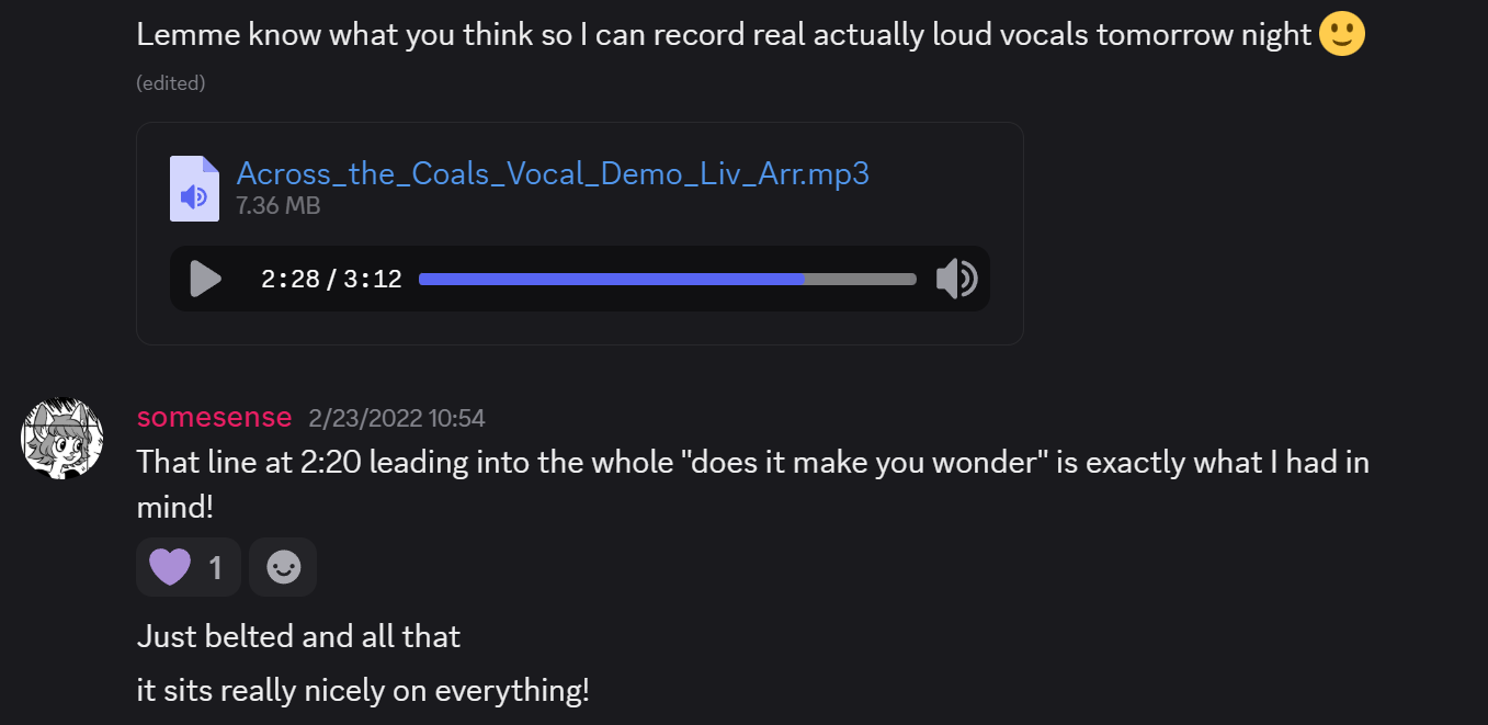 Liv and I hashing out the first vocal pass over Discord