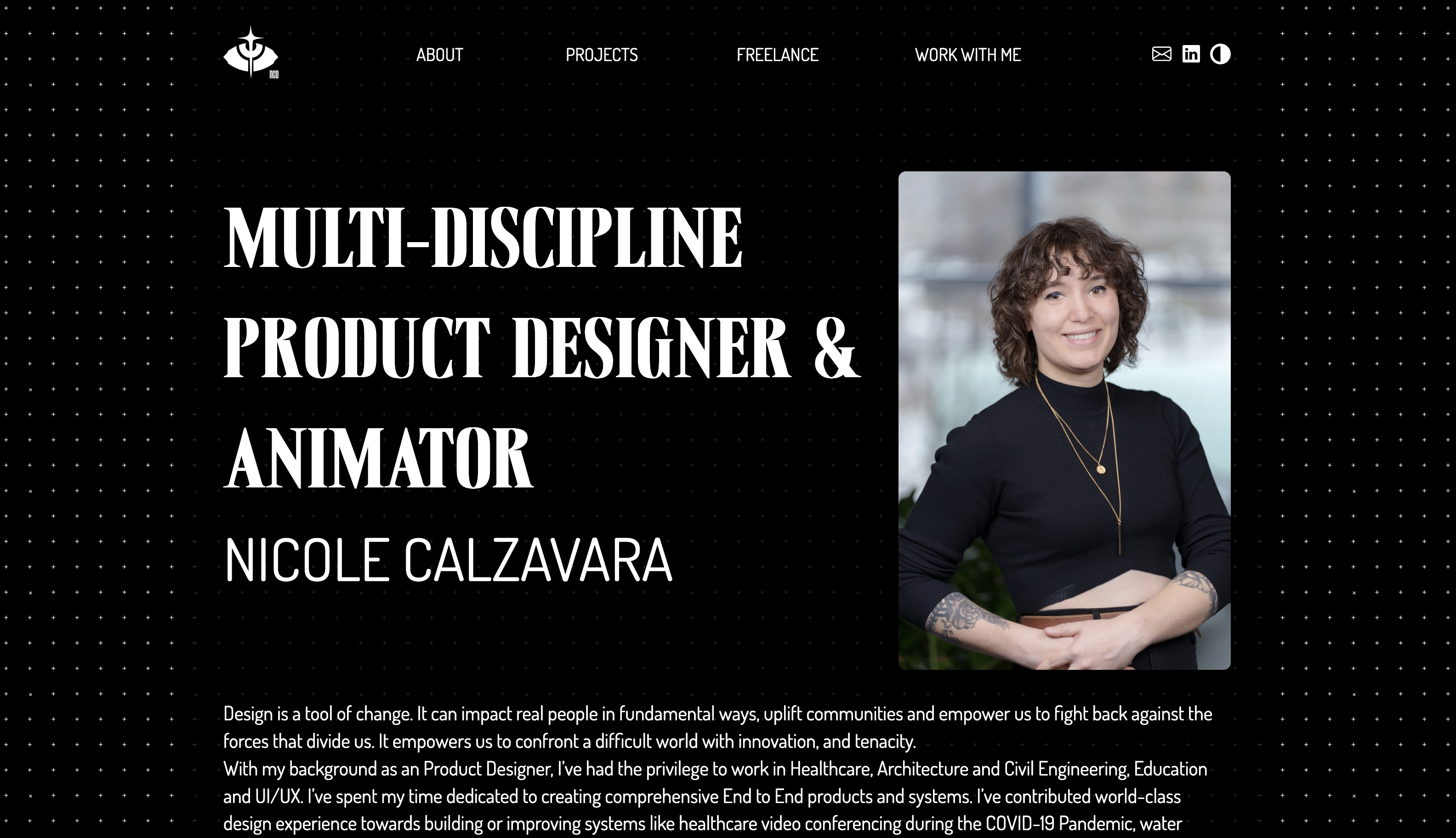 Nicole's about page in darkmode, featuring a header with a portrait of Nicole