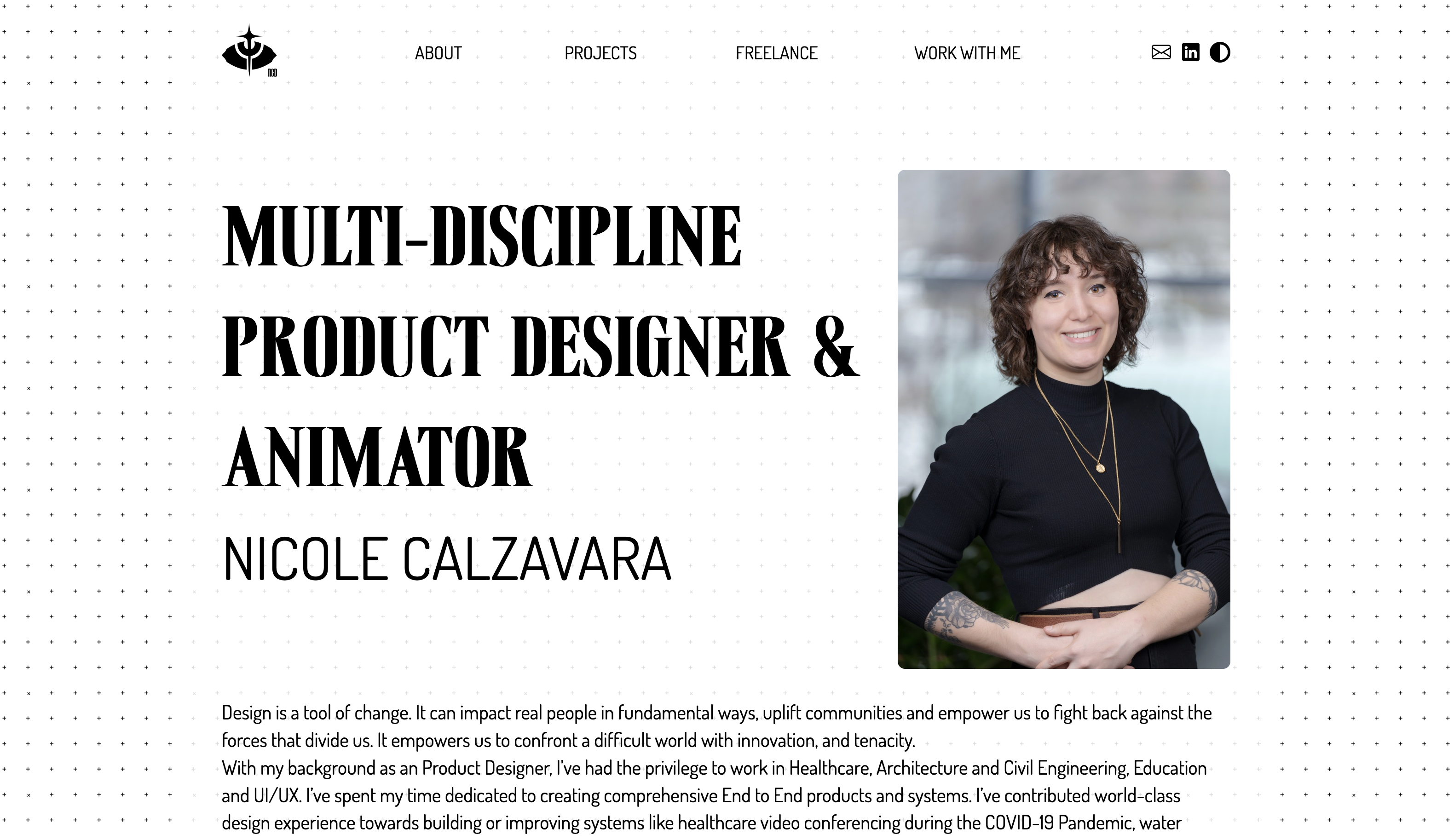 Nicole's about page in lightmode, featuring a header with a portrait of Nicole