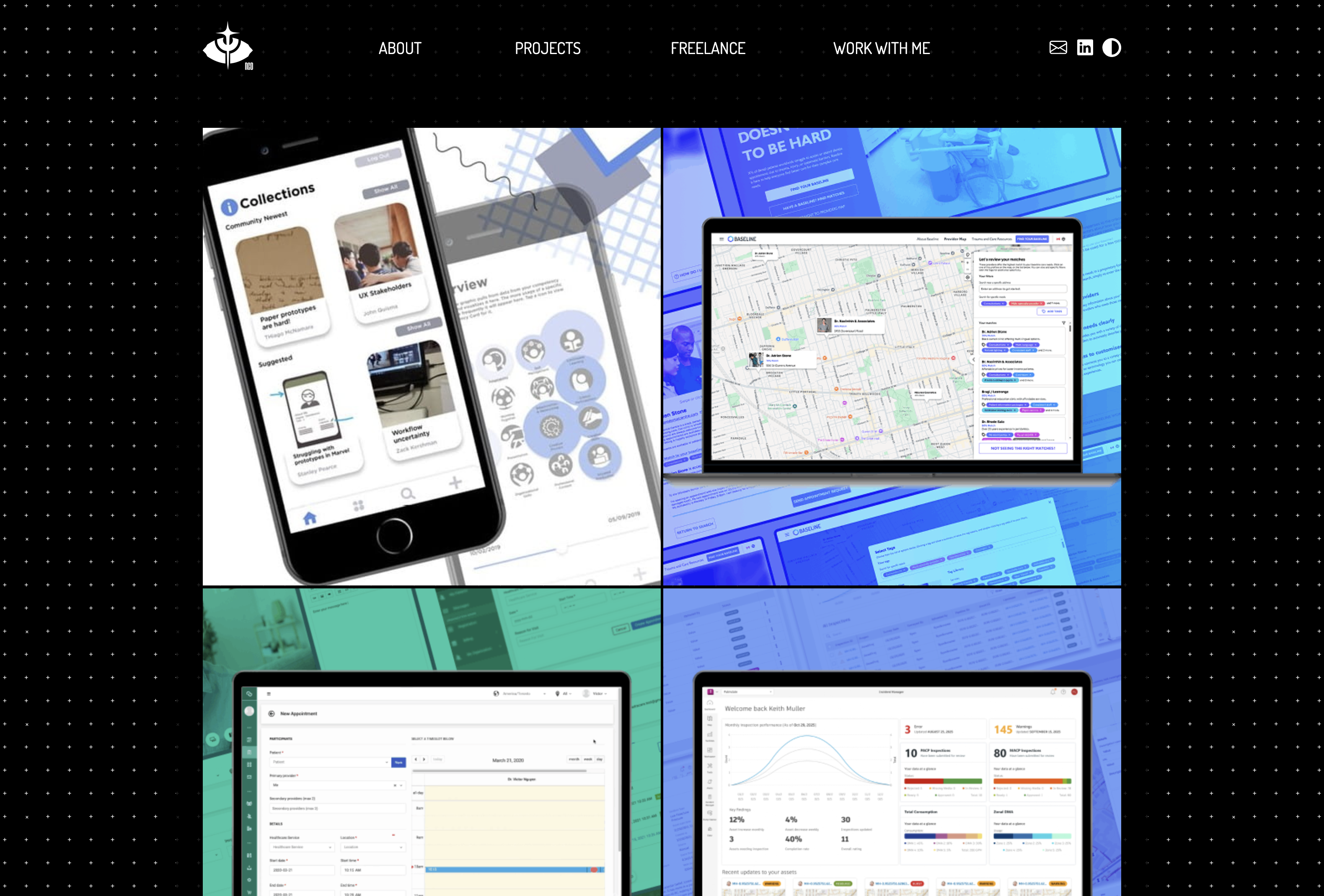 Nicole's homepage in dark mode, featuring a grid of projects.