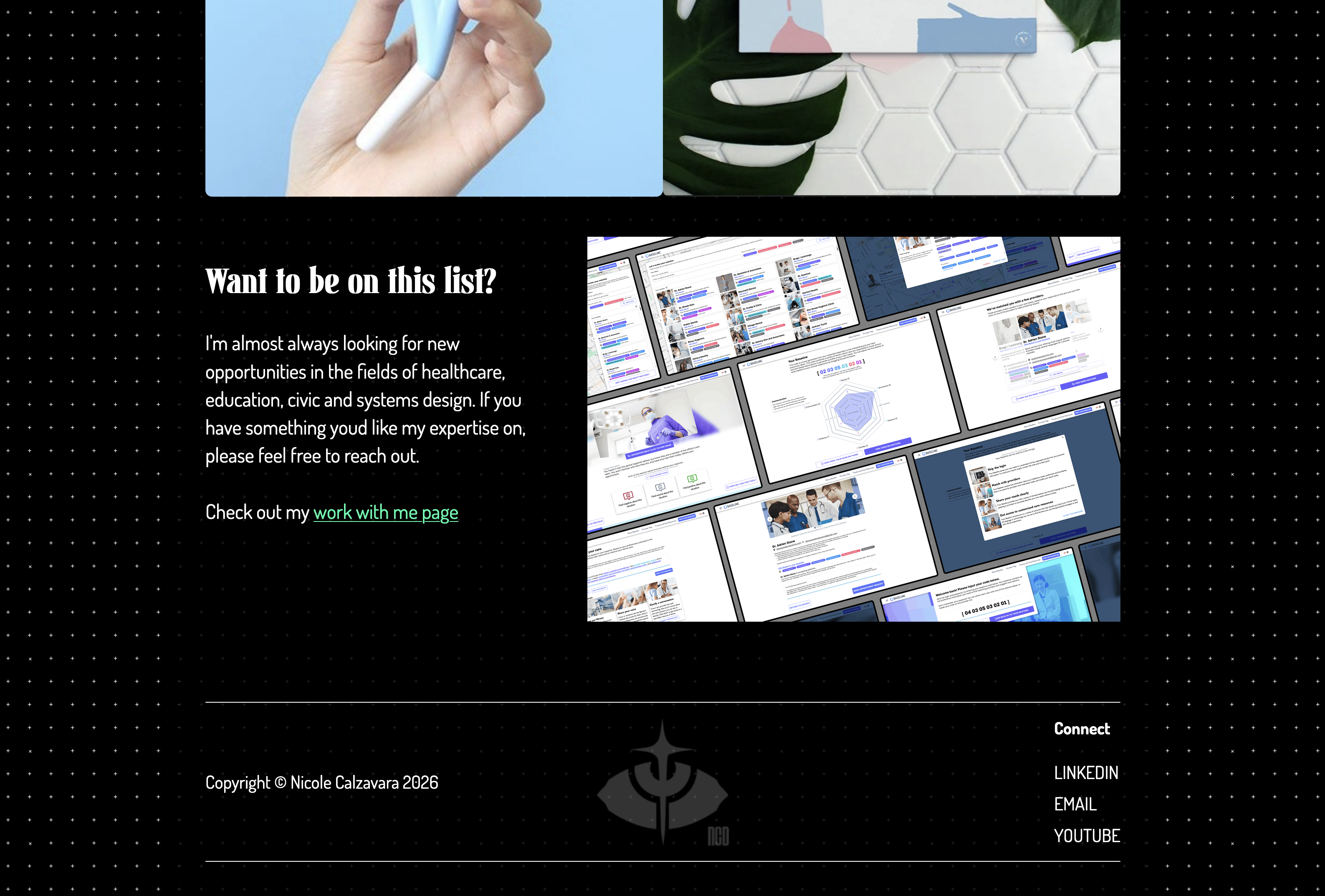 Nicole's freelance page in lightmode, showing the footer with her logo and a series of links