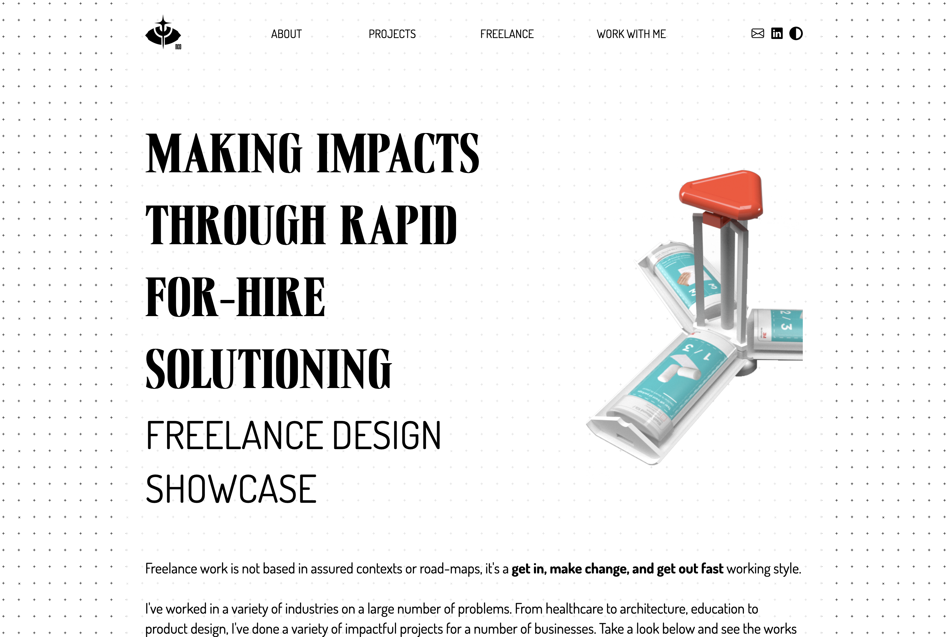 Nicole's freelance page in lightmode, featuring a large heading and subtitle with a product image on the right