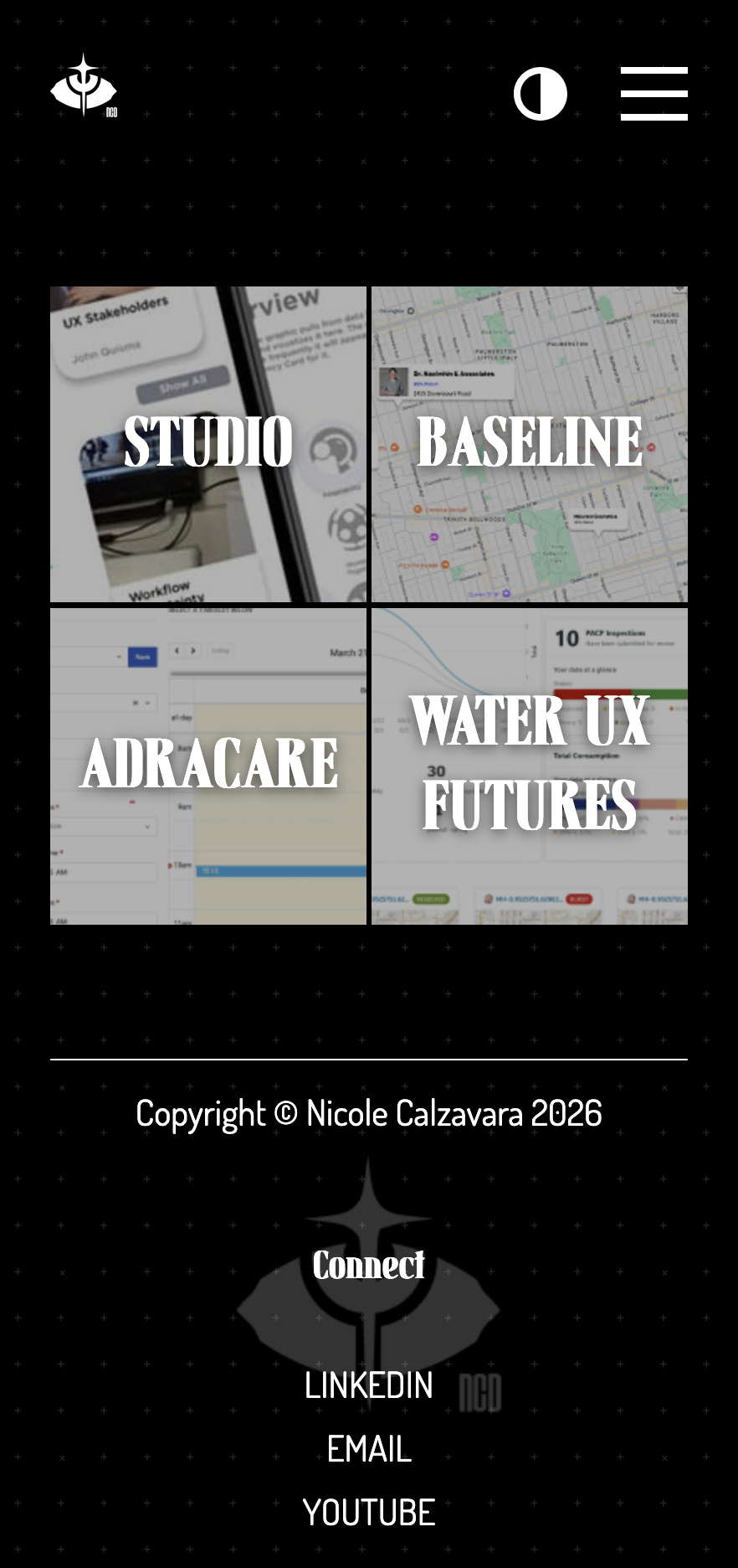 Nicole's website on mobile, with a hamburger menu in the header