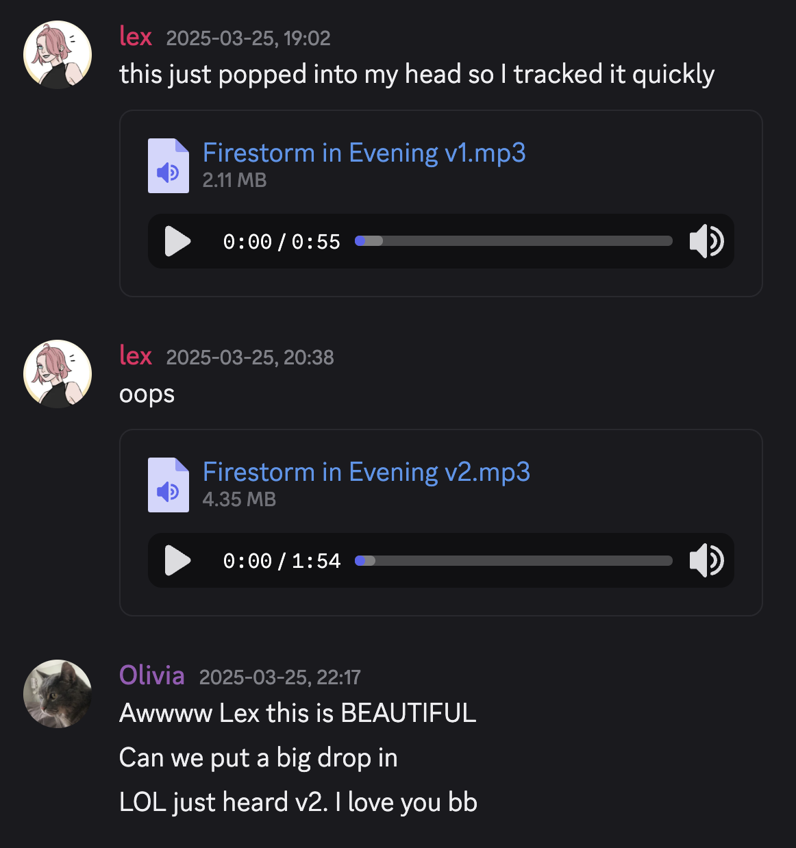 A discord exchange between myself and Olivia, showing the new song.
