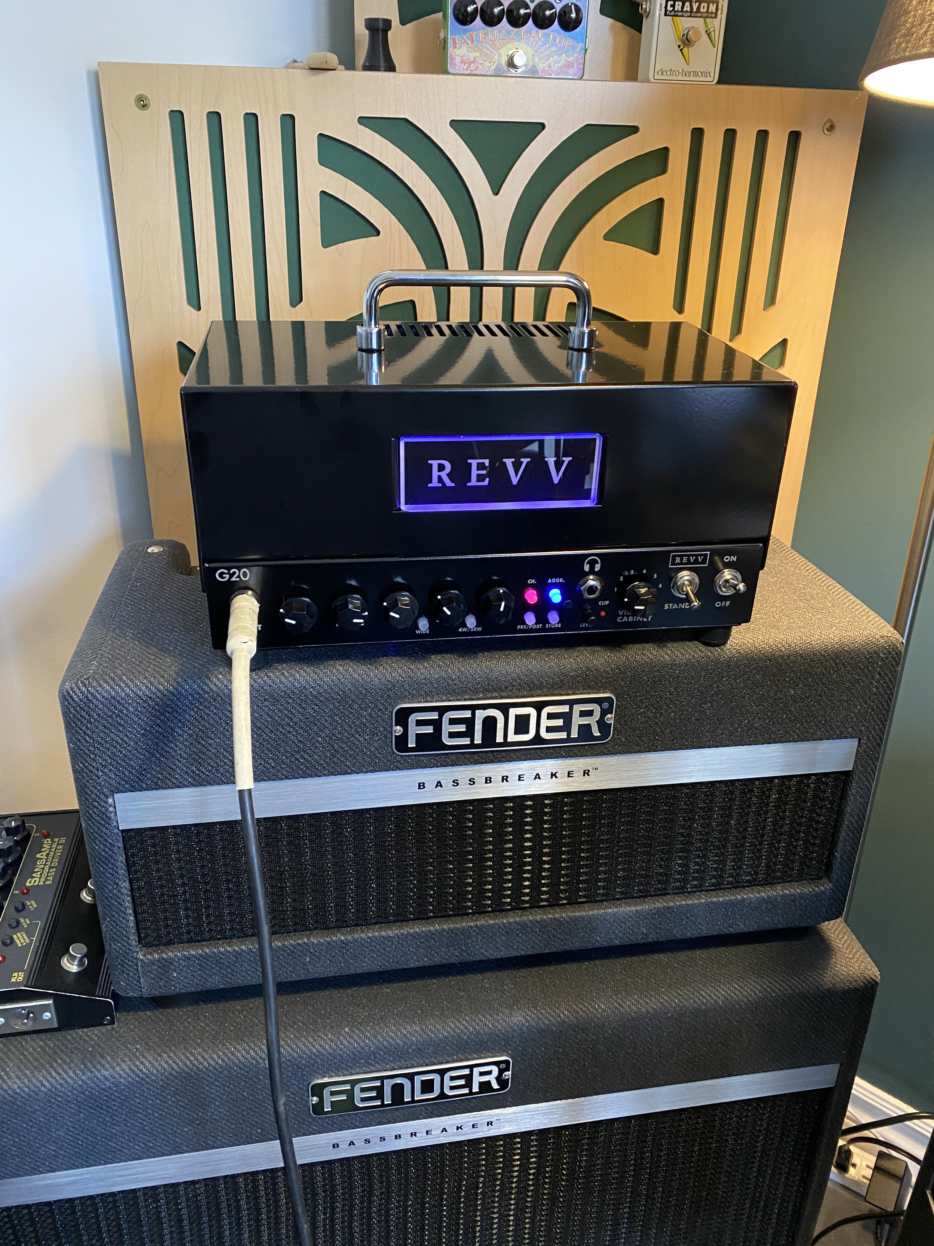My Revv G20 amplifier head the day I got it, sitting on top of a Fender Bassbreaker