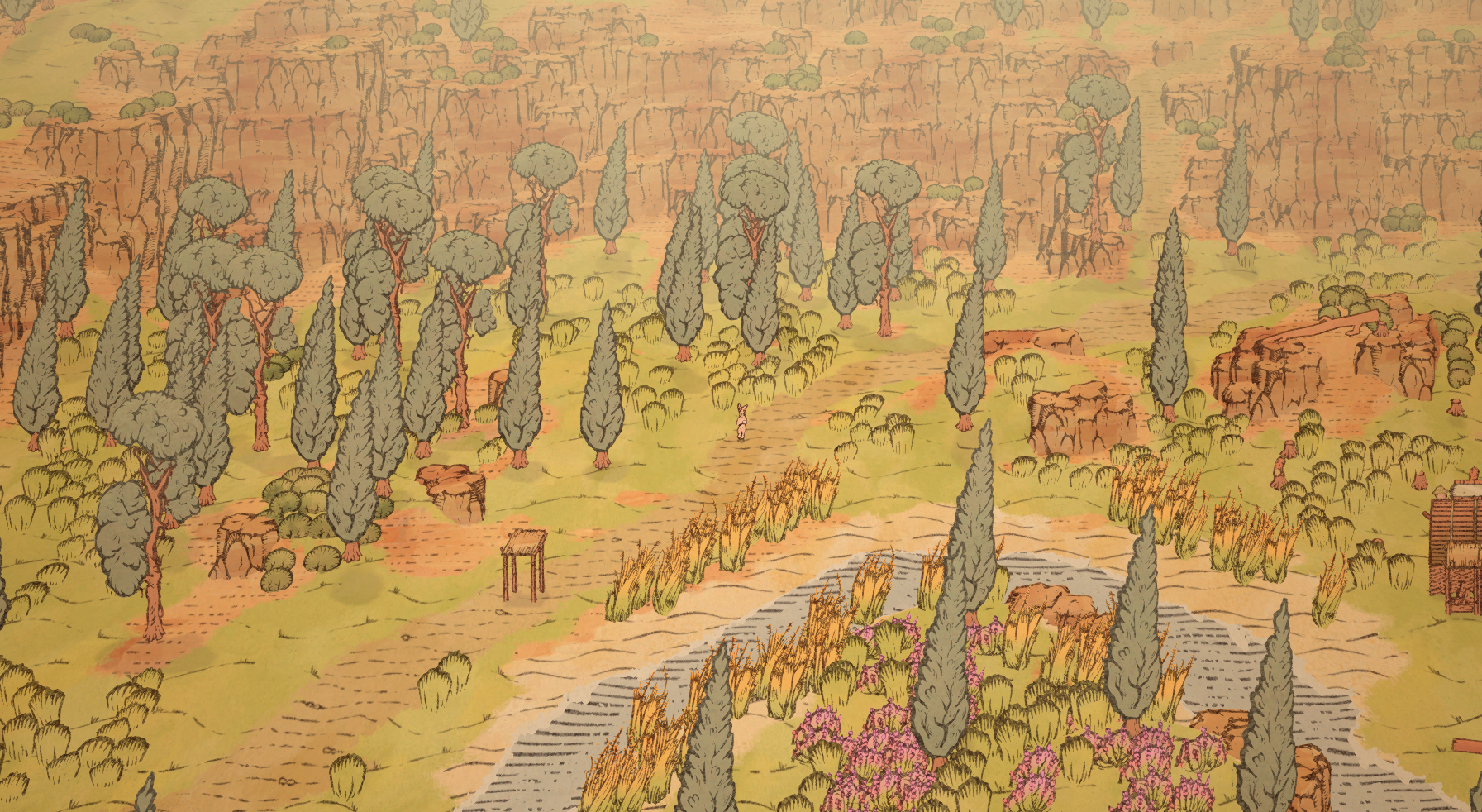 A dense forest with a medieval woodcut art style. Standing small in the center of the scene is a jackrabbit.