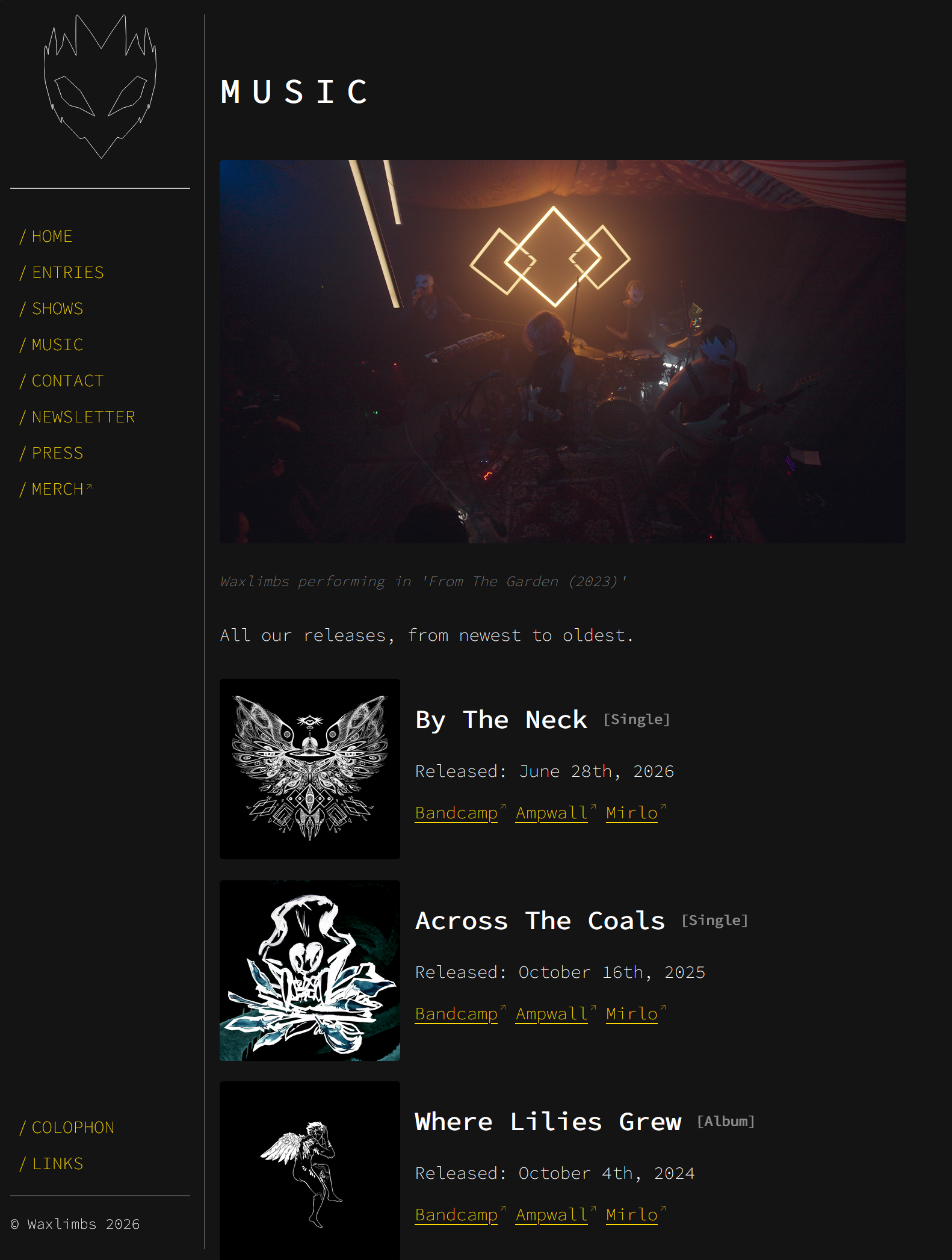 The Music page with a hero image and caption, followed by a list of releases with images, release dates, and purchasing links.
