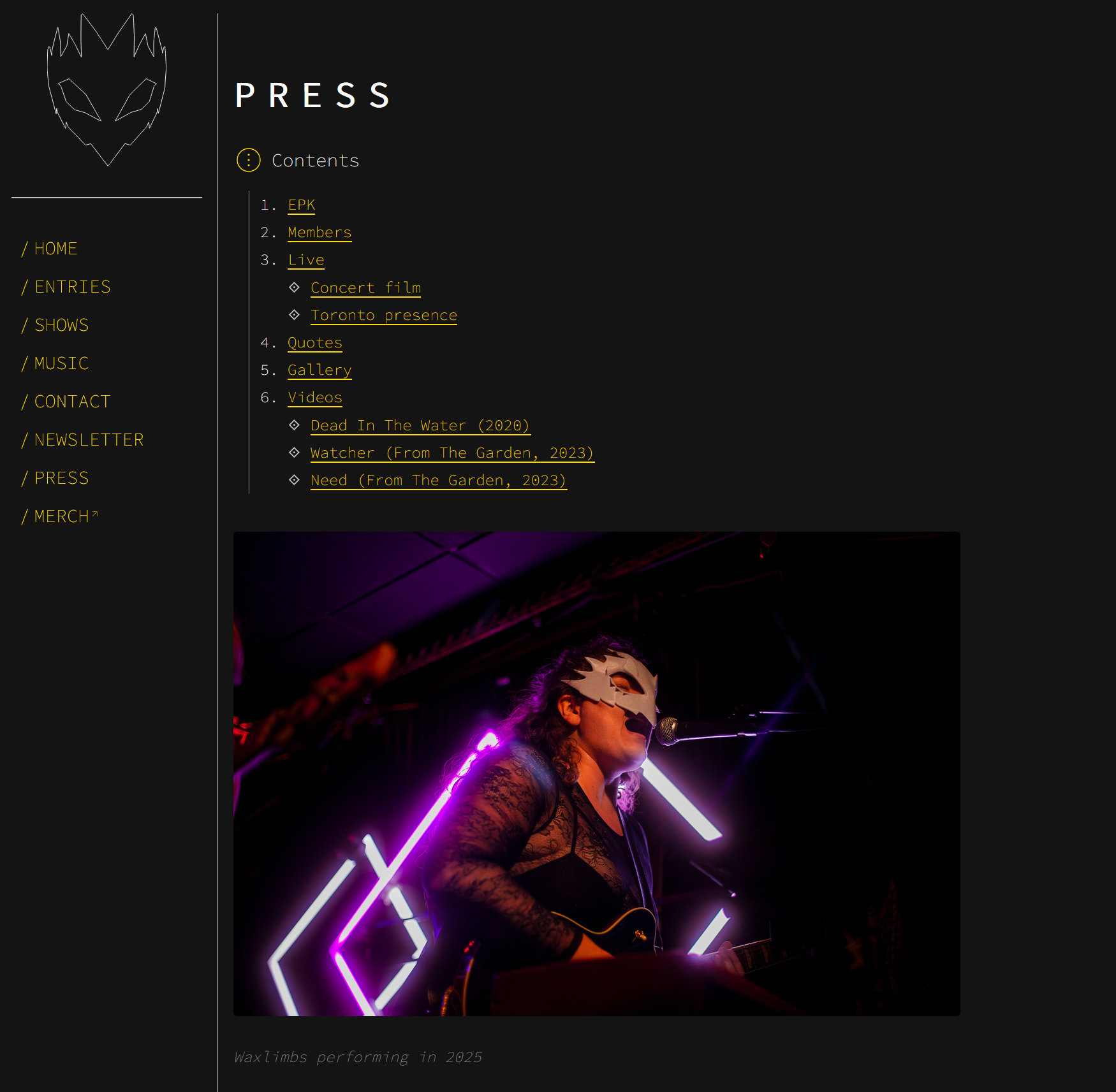 The press page, featuring a Table Of Contents and a hero image showing Olivia singing on stage.