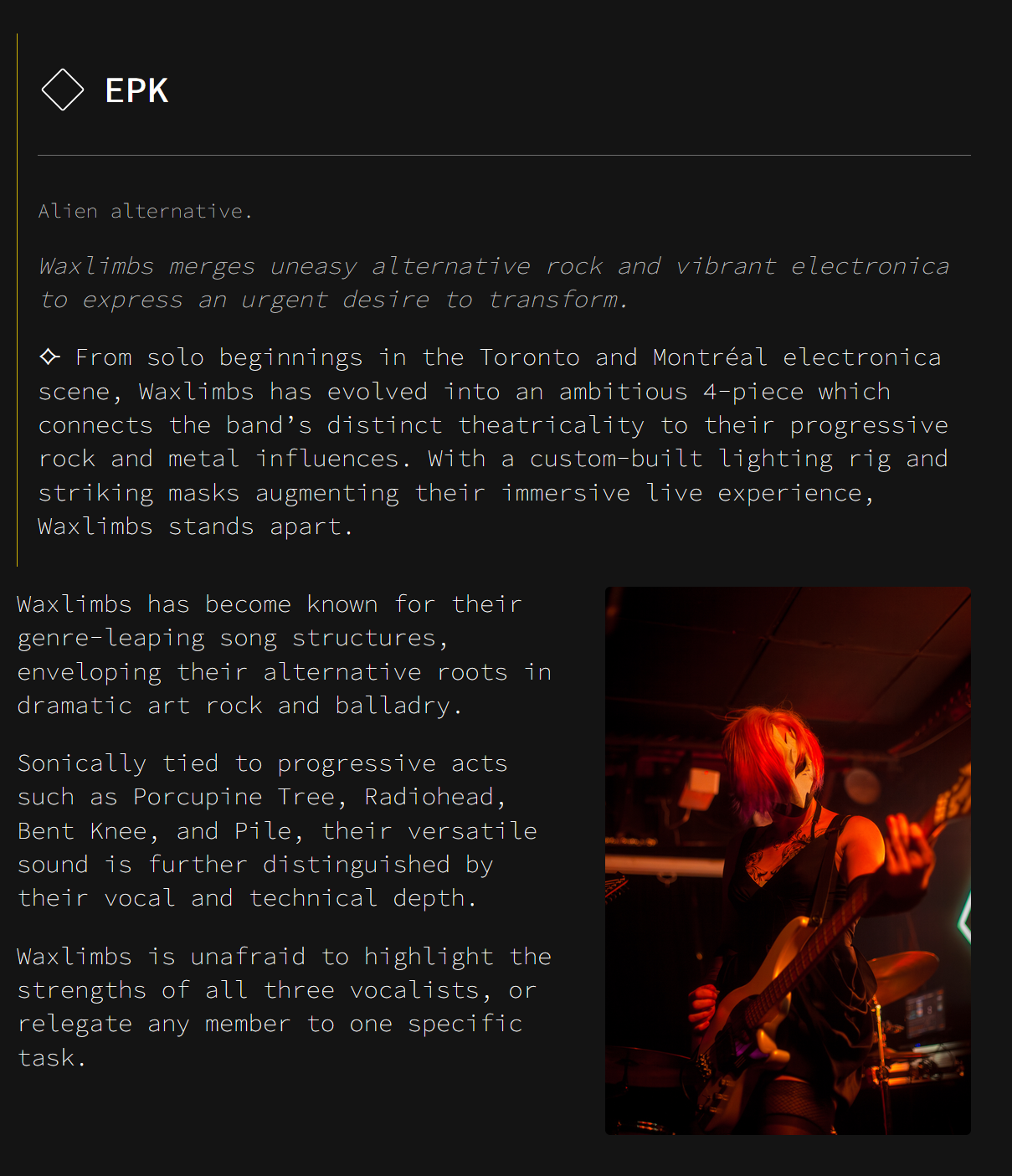 The EPK heading, with a byline and blurb followed by an Image With Text component.