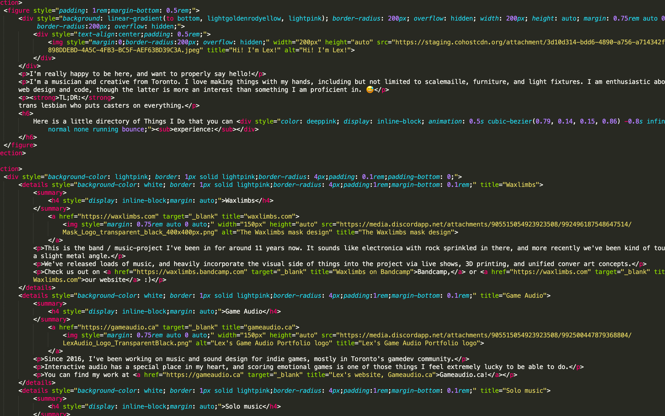 A screenshot of a code editor full of html with inline CSS. It is a mess.