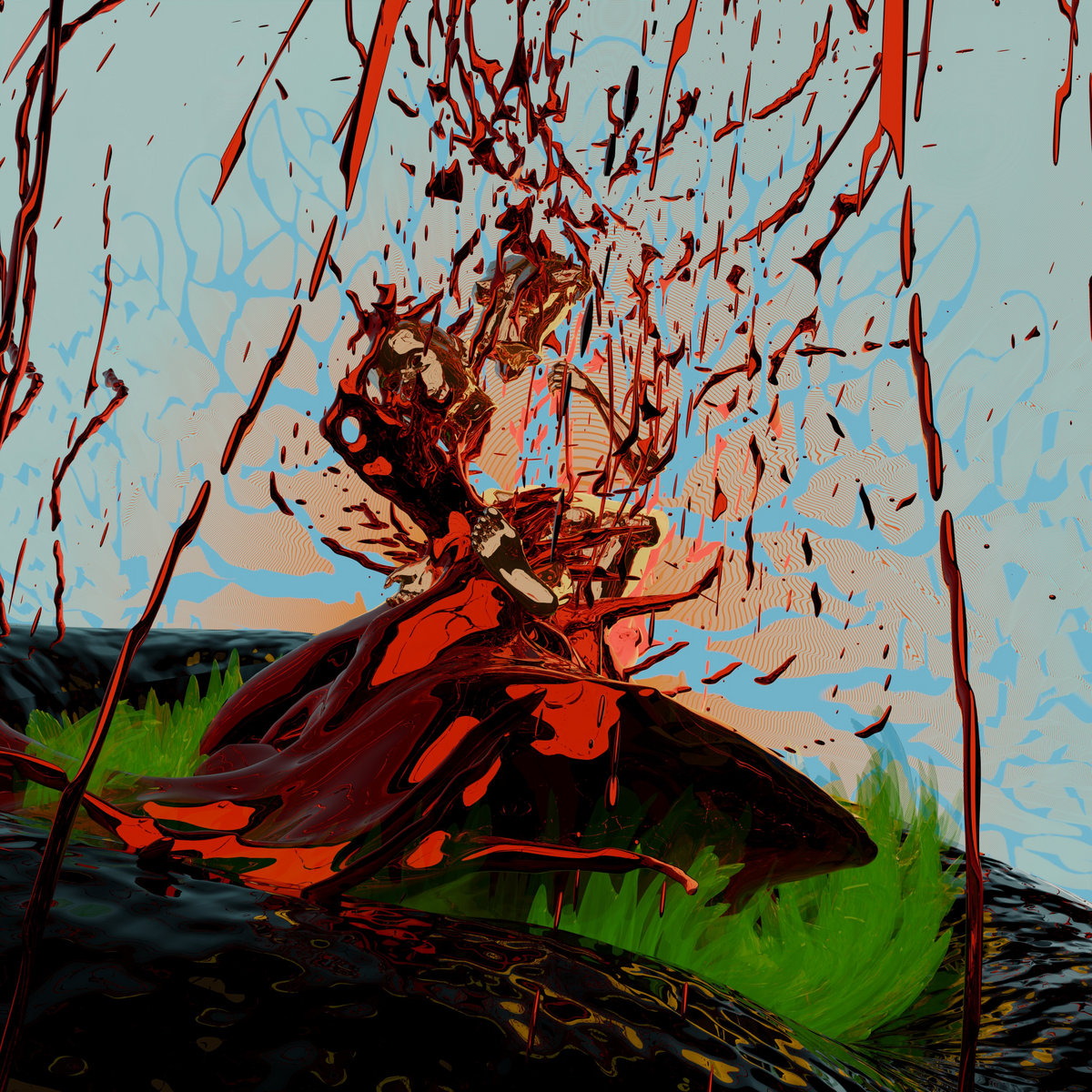 A body-like blood red tree spewing red ribbons into the air on a hillside against a mottled blue background